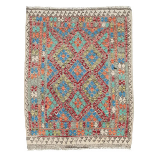 Full view of Afghan Chobi Kilim blue medallion rug 196 x 155 cm with geometric pattern