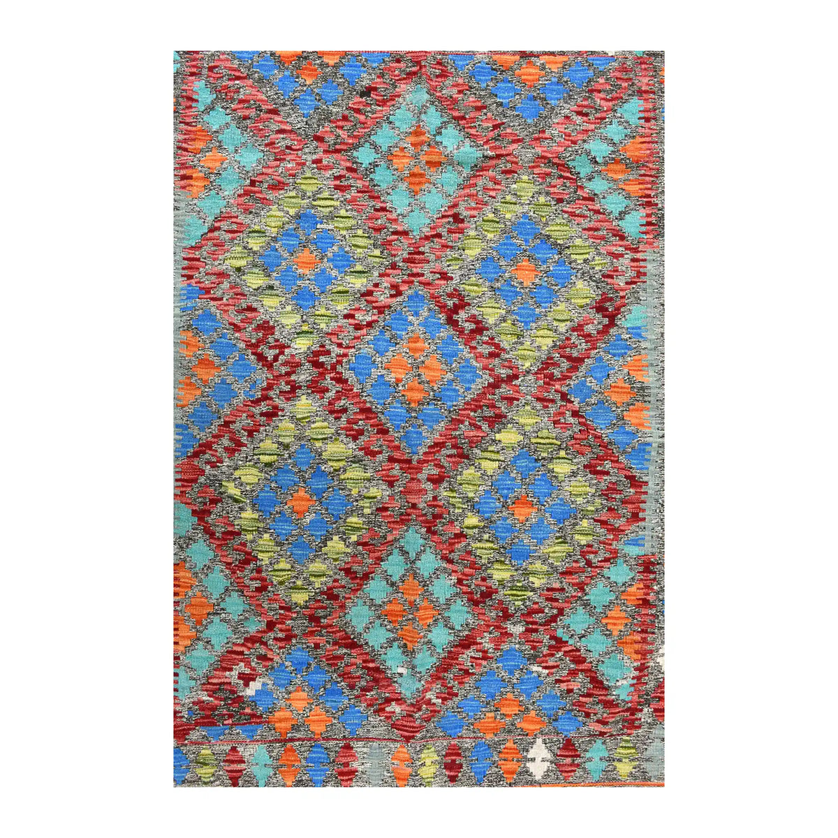 Field detail of Afghan Chobi Kilim rug showing rust-red diamond outlines around blue, turquoise, orange and olive geometric motifs.