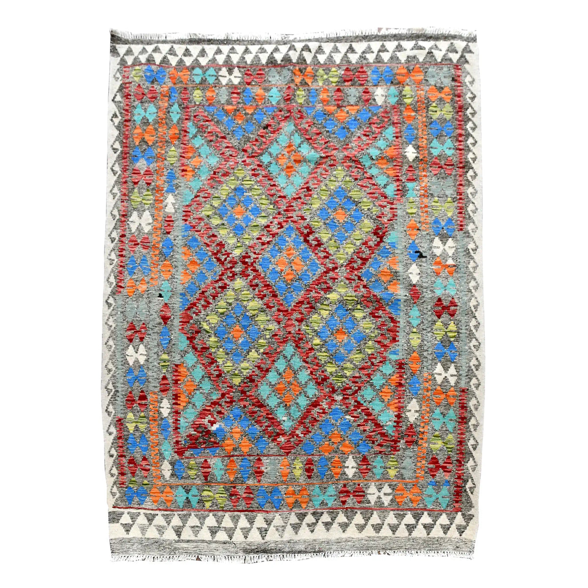 Full view of Afghan Chobi Kilim rug with repeating blue and turquoise diamond medallions, a rust-red lattice and ivory border, 196 x 155 cm.