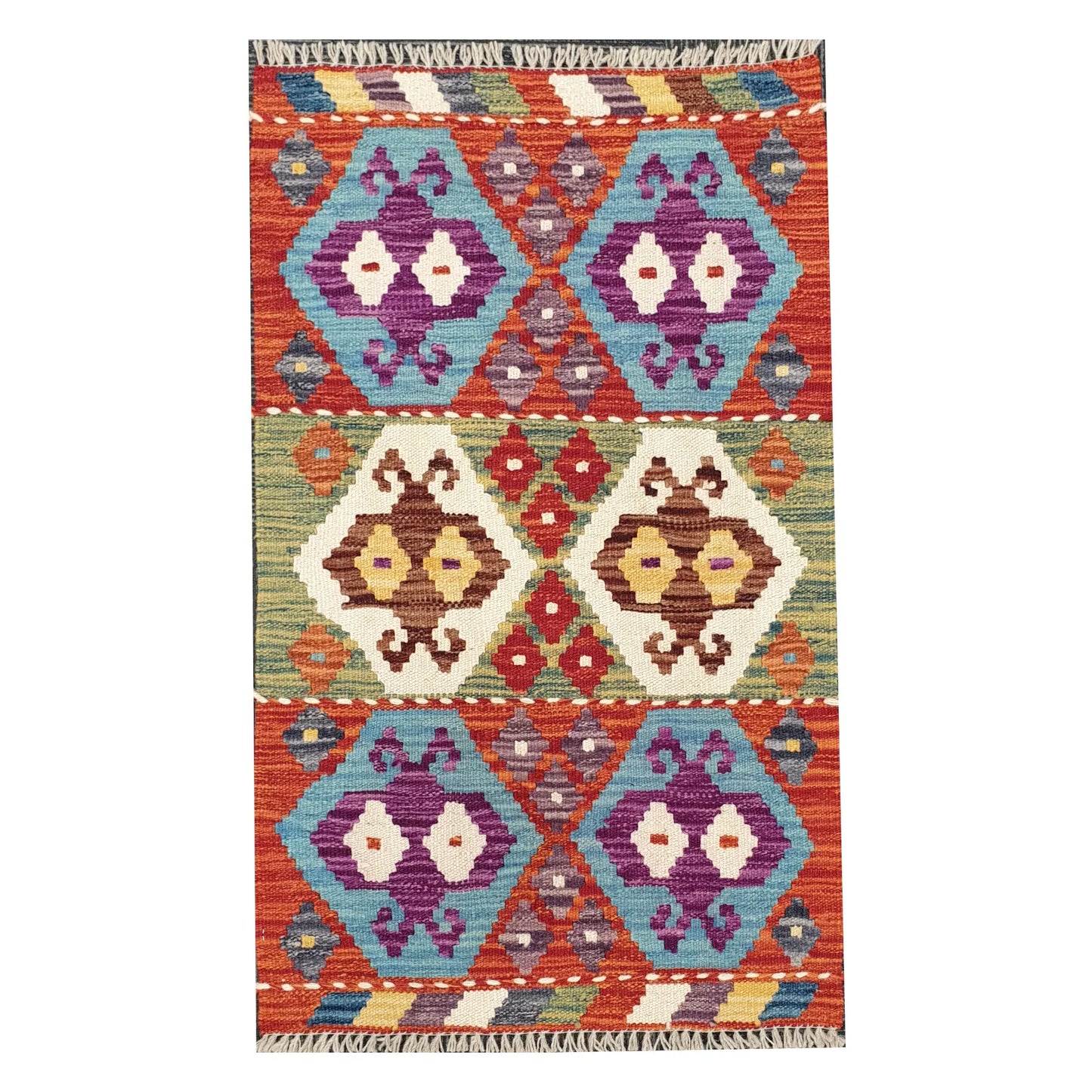 Full view of Afghan Chobi Kilim hand-woven wool rug 88 x 59 cm with diamond motif