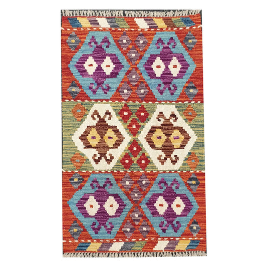 Full view of Afghan Chobi Kilim hand-woven wool rug 88 x 59 cm with diamond motif