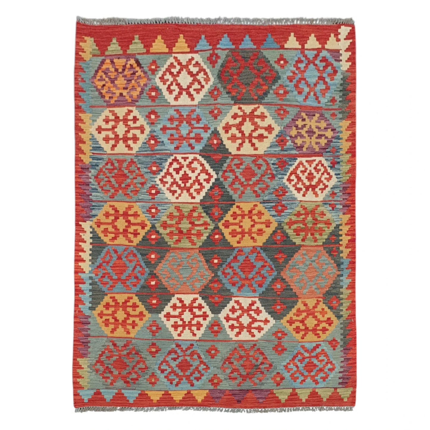 Full view of Afghan Chobi Kilim diamond rug 198 x 132 cm with blue-turquoise geometric pattern