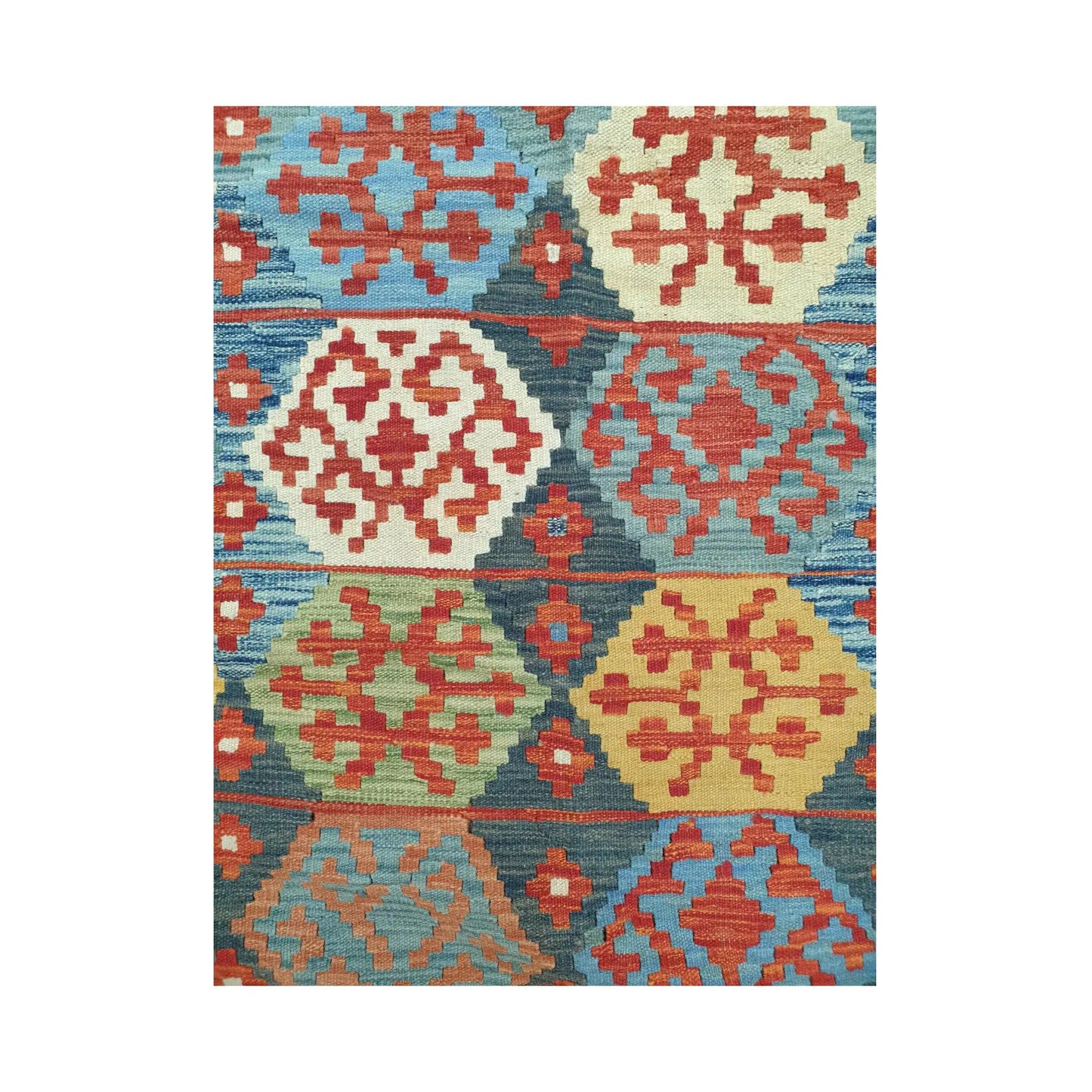 Pattern detail of Afghan Chobi Kilim diamond rug showing blue, red and ivory motifs