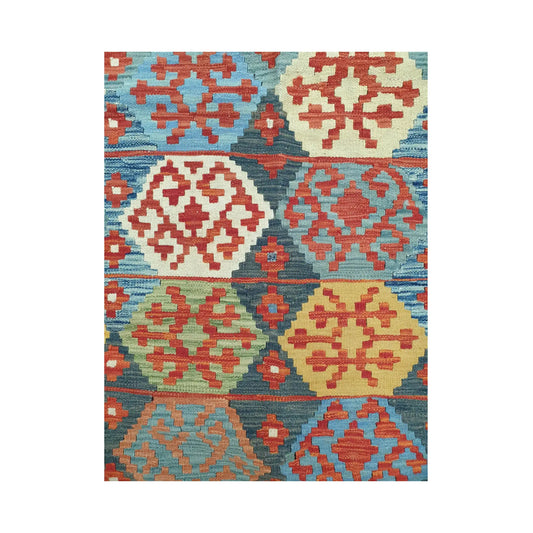 Pattern detail of Afghan Chobi Kilim diamond rug showing blue, red and ivory motifs