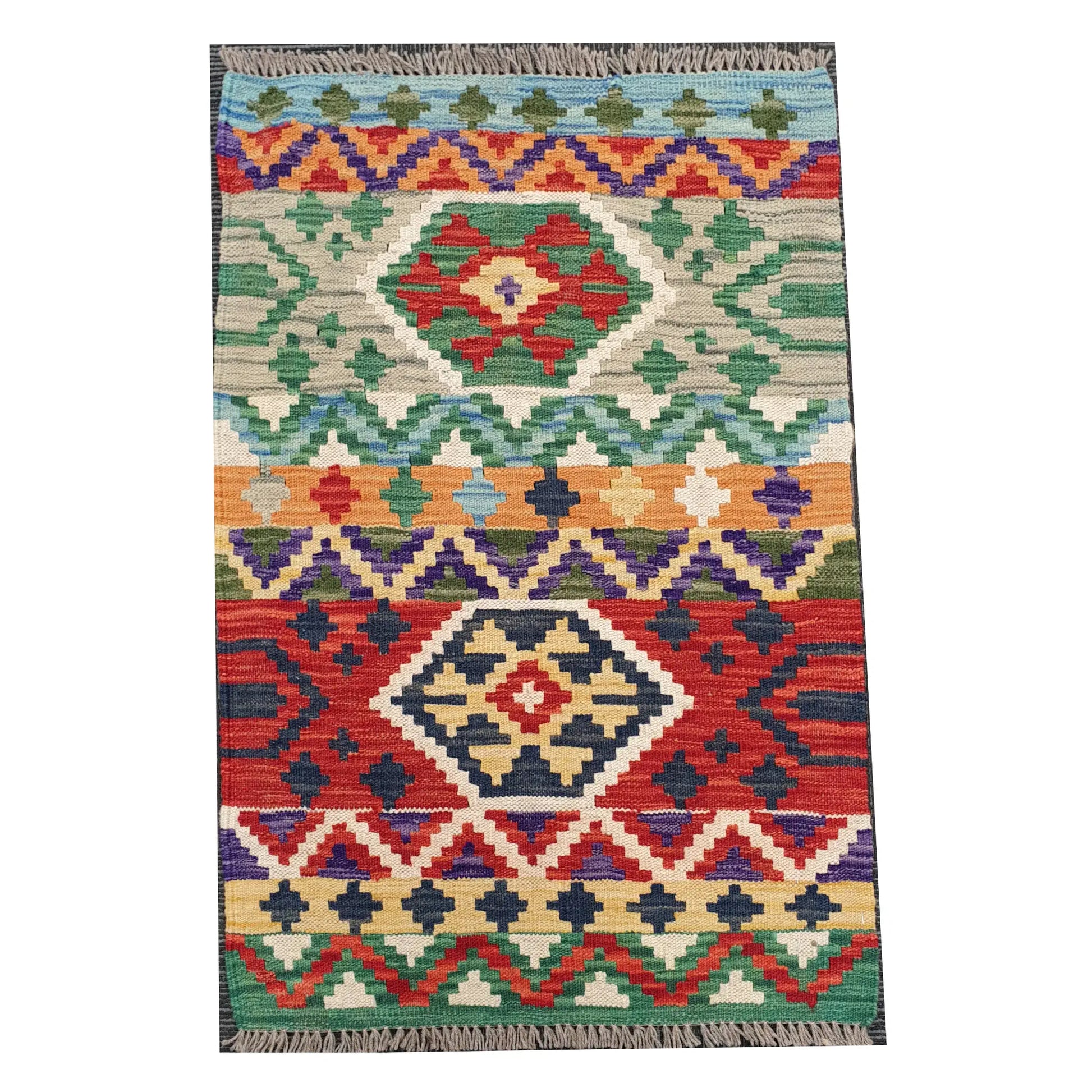 Full view of Afghan Chobi Kilim hand-woven wool rug 92 x 67 cm with colourful geometric motif