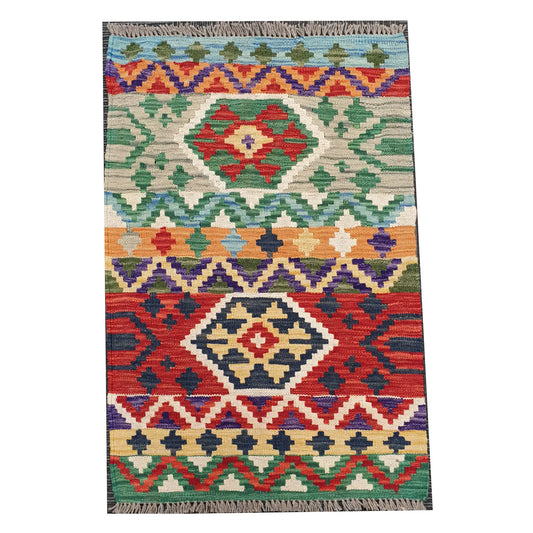 Full view of Afghan Chobi Kilim hand-woven wool rug 92 x 67 cm with colourful geometric motif