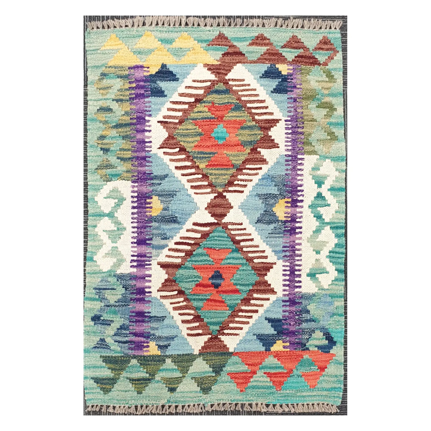 Front view of Afghan Chobi Kilim hand-knotted wool rug with aqua twin-diamond geometric design, 88 x 59 cm