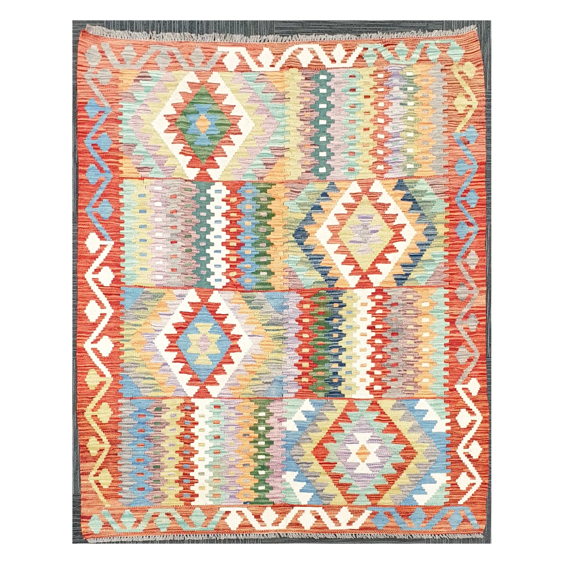 Full view of Afghan Chobi Kilim hand-woven wool rug with pastel diamond stripe design, 180 x 122 cm