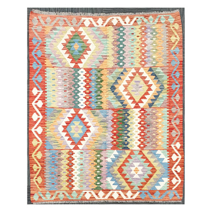 Full view of Afghan Chobi Kilim hand-woven wool rug with pastel diamond stripe design, 180 x 122 cm