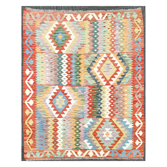 Full view of Afghan Chobi Kilim hand-woven wool rug with pastel diamond stripe design, 180 x 122 cm