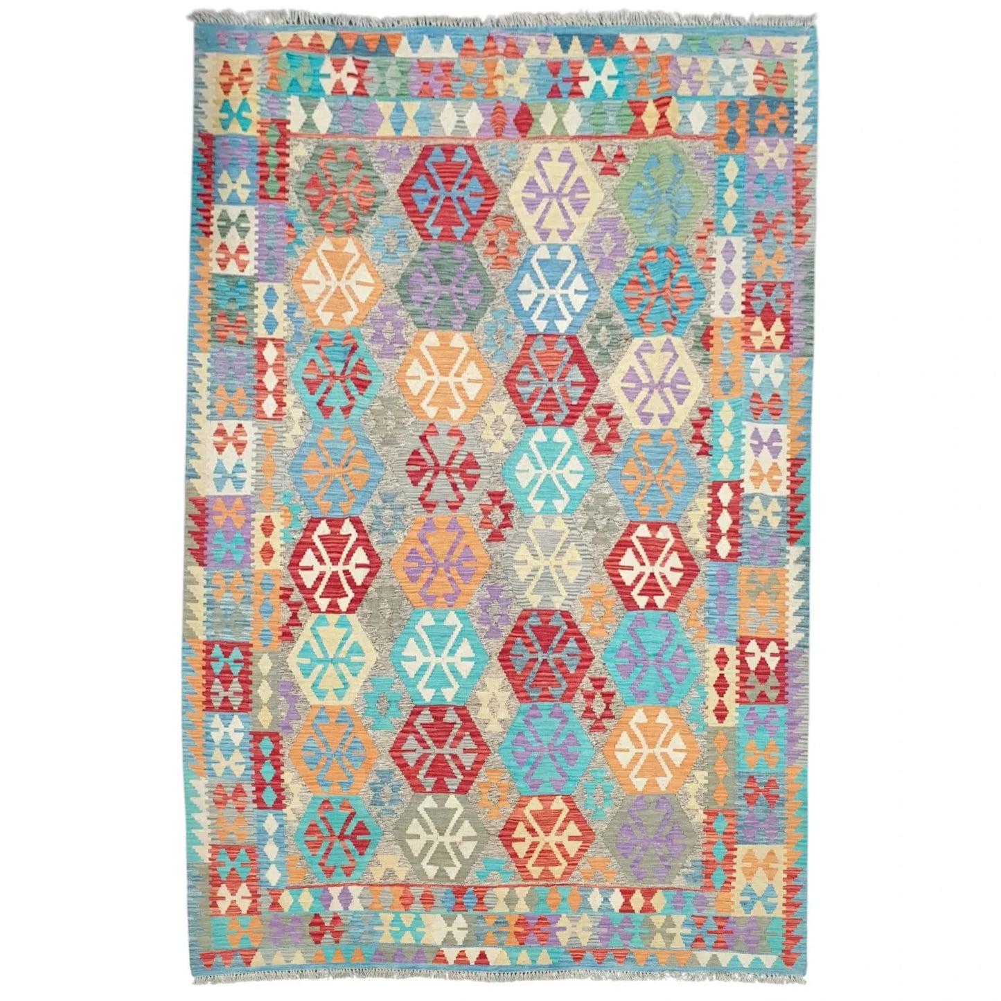 Full view of Afghan Chobi Kilim hand-woven wool rug 300 x 202 cm with blue field and multi-colour geometric pattern
