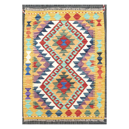 Front view of Afghan Chobi Kilim handwoven wool rug with colourful geometric pattern, 92 x 60 cm