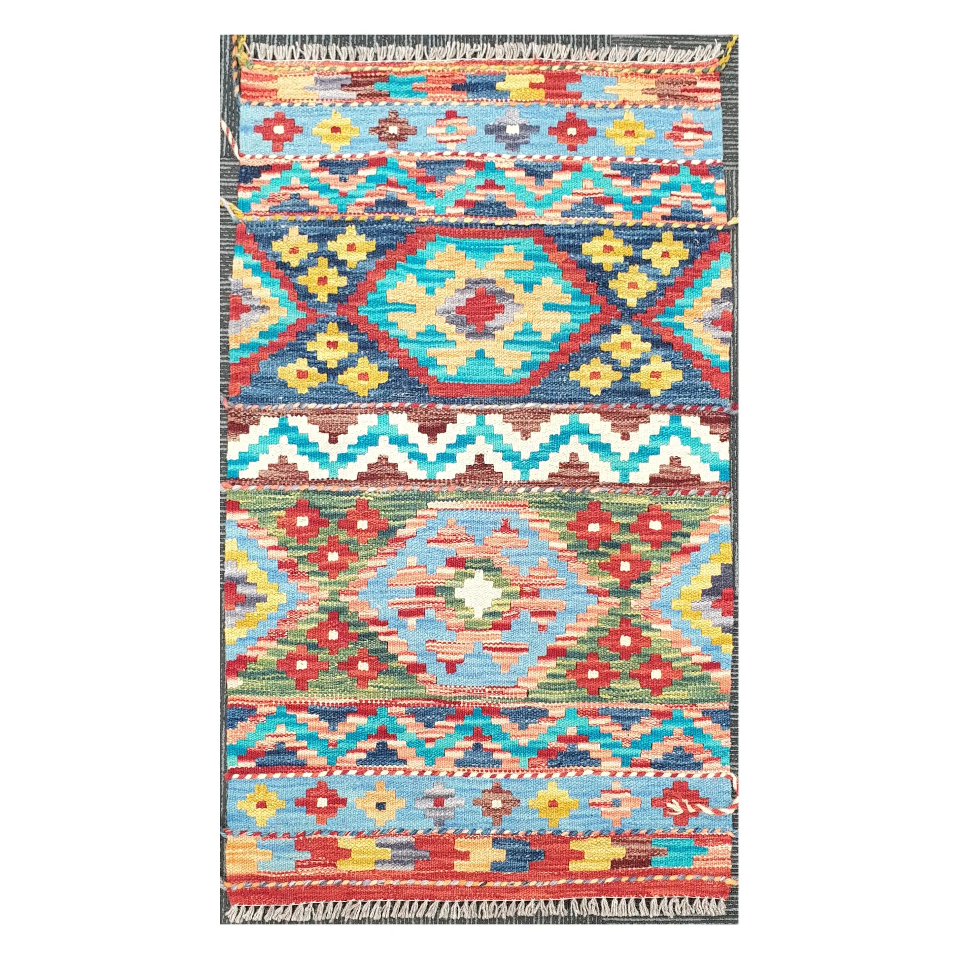 Front view of Afghan Chobi Kilim handwoven wool rug with multicolour geometric tribal pattern, 96 x 62 cm