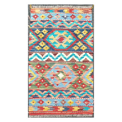Front view of Afghan Chobi Kilim handwoven wool rug with multicolour geometric tribal pattern, 96 x 62 cm