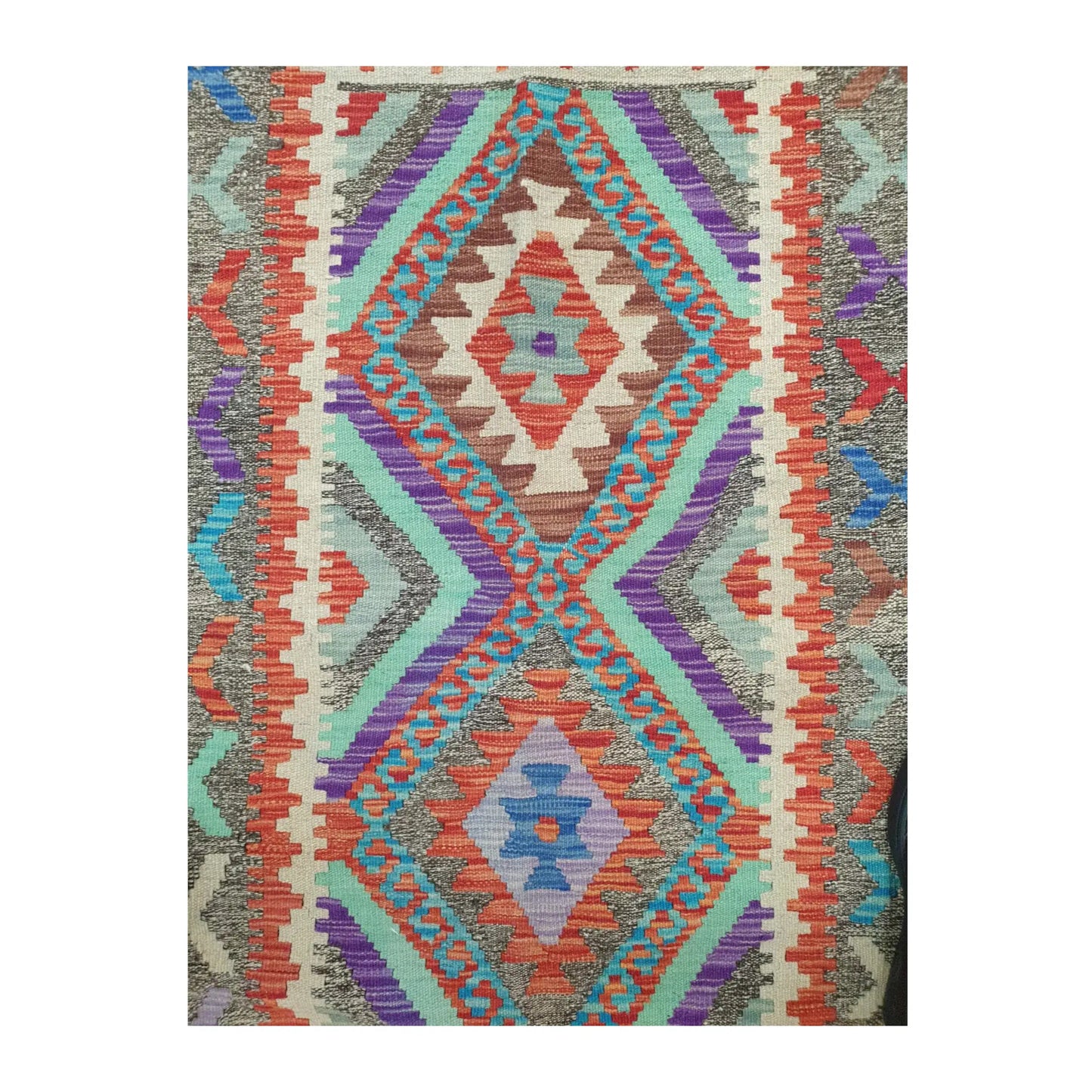 Centre detail of Afghan Chobi Kilim rug showing stepped geometric medallion design