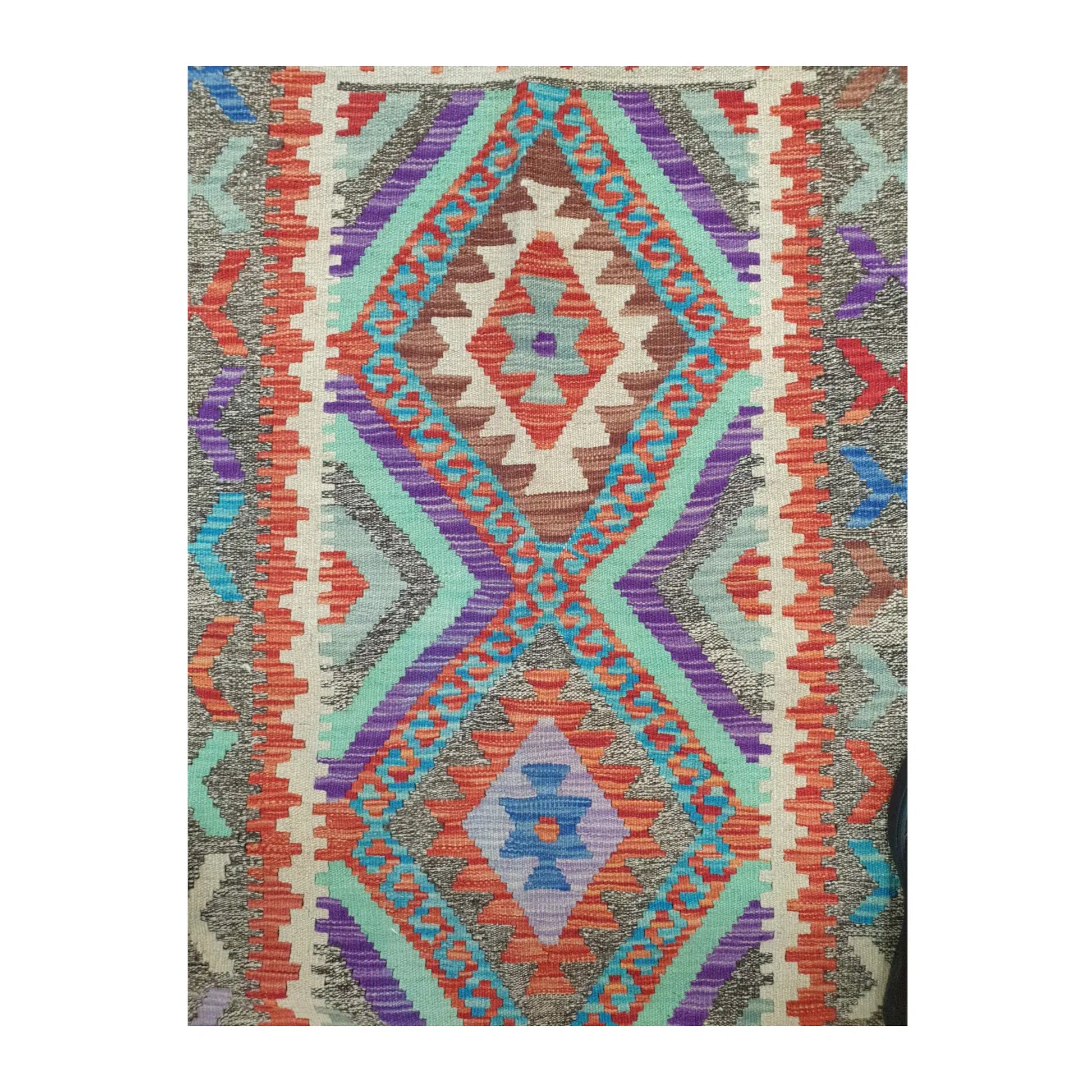 Centre detail of Afghan Chobi Kilim rug showing stepped geometric medallion design