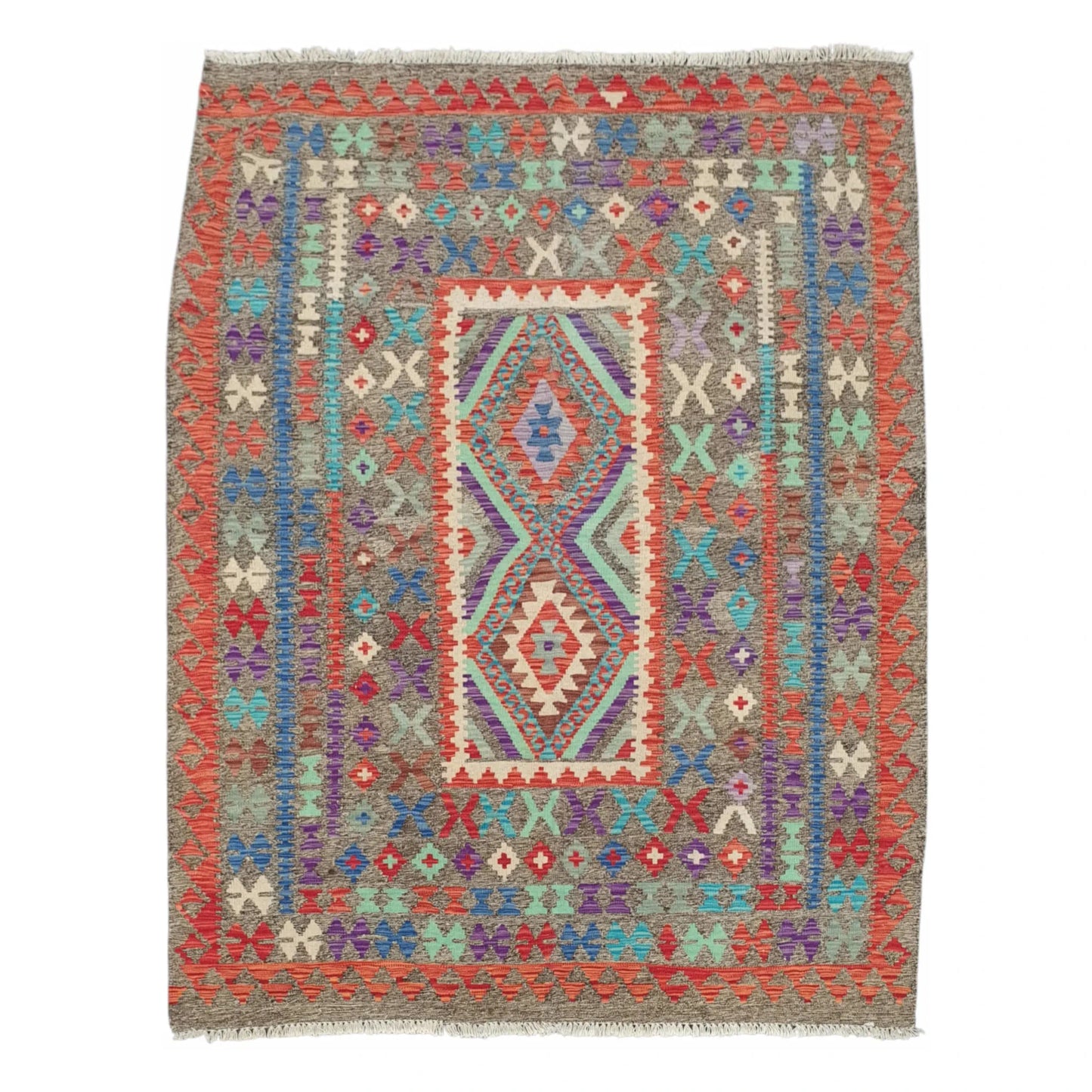 Full view of Afghan Chobi Kilim medallion rug 194 x 166 cm with rust orange geometric pattern