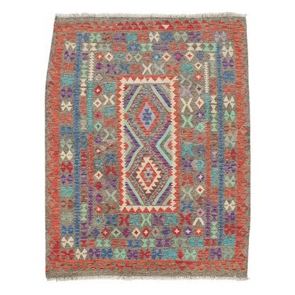 Full view of Afghan Chobi Kilim medallion rug 194 x 166 cm with rust orange geometric pattern