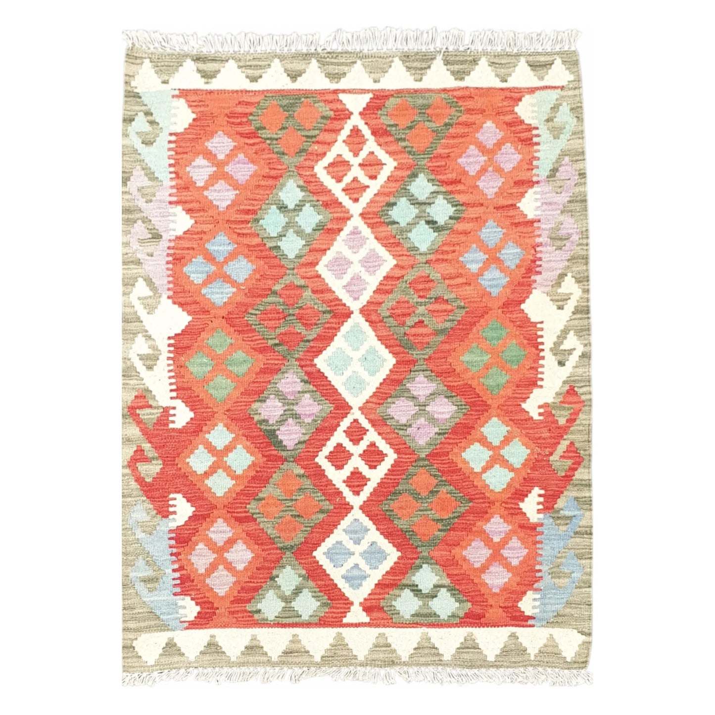Full view of Afghan Chobi Kilim hand-woven wool rug 113 x 85 cm with orange geometric pattern
