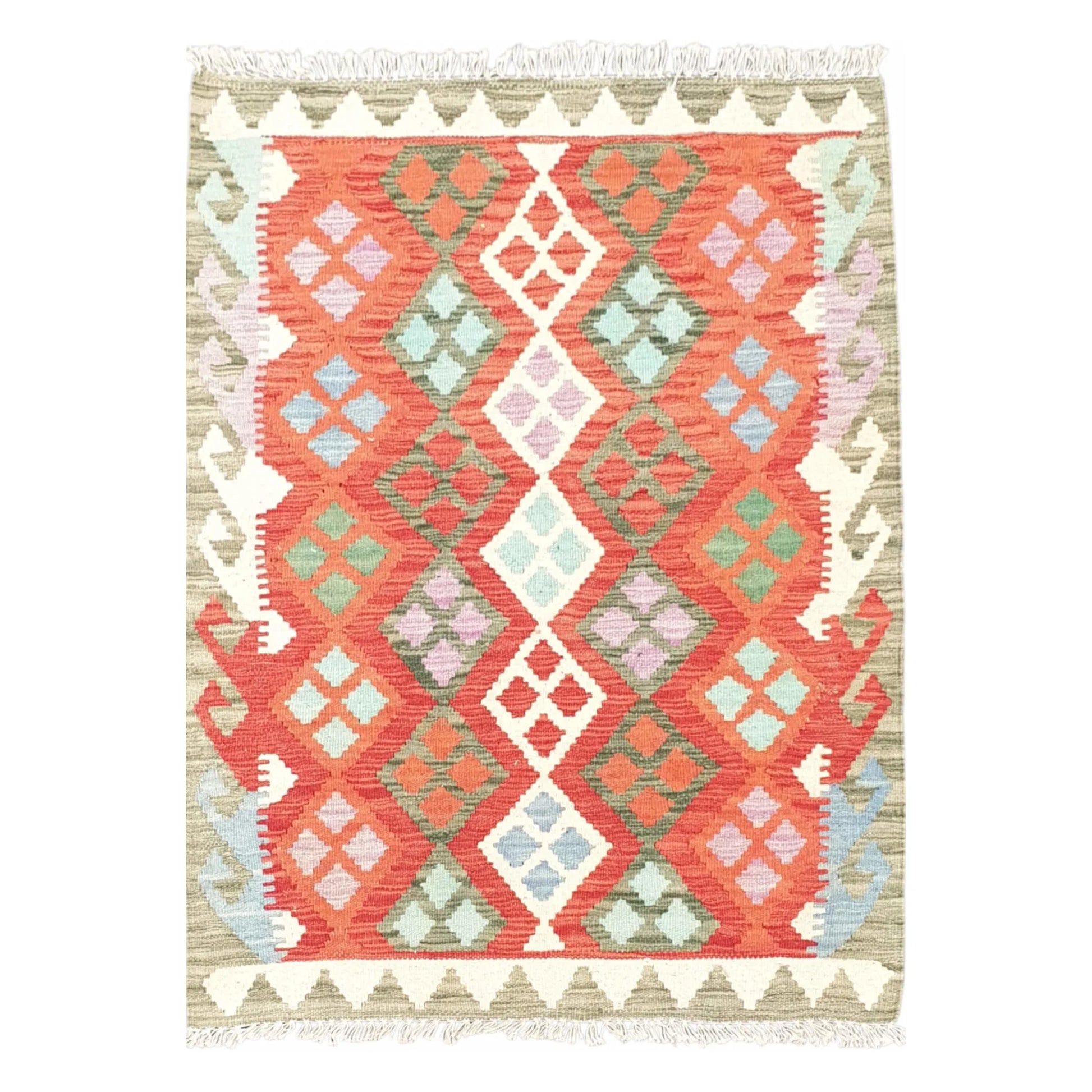 Full view of Afghan Chobi Kilim hand-woven wool rug 113 x 85 cm with orange geometric pattern