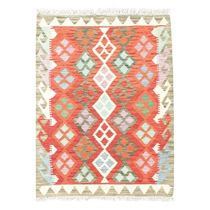 Full view of Afghan Chobi Kilim hand-woven wool rug 113 x 85 cm with orange geometric pattern