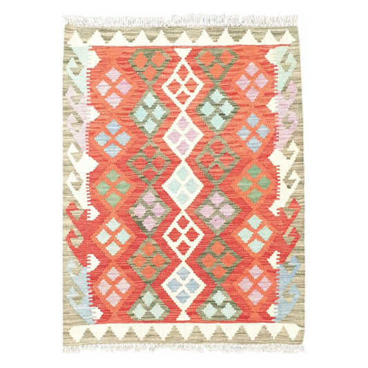 Full view of Afghan Chobi Kilim hand-woven wool rug 113 x 85 cm with orange geometric pattern