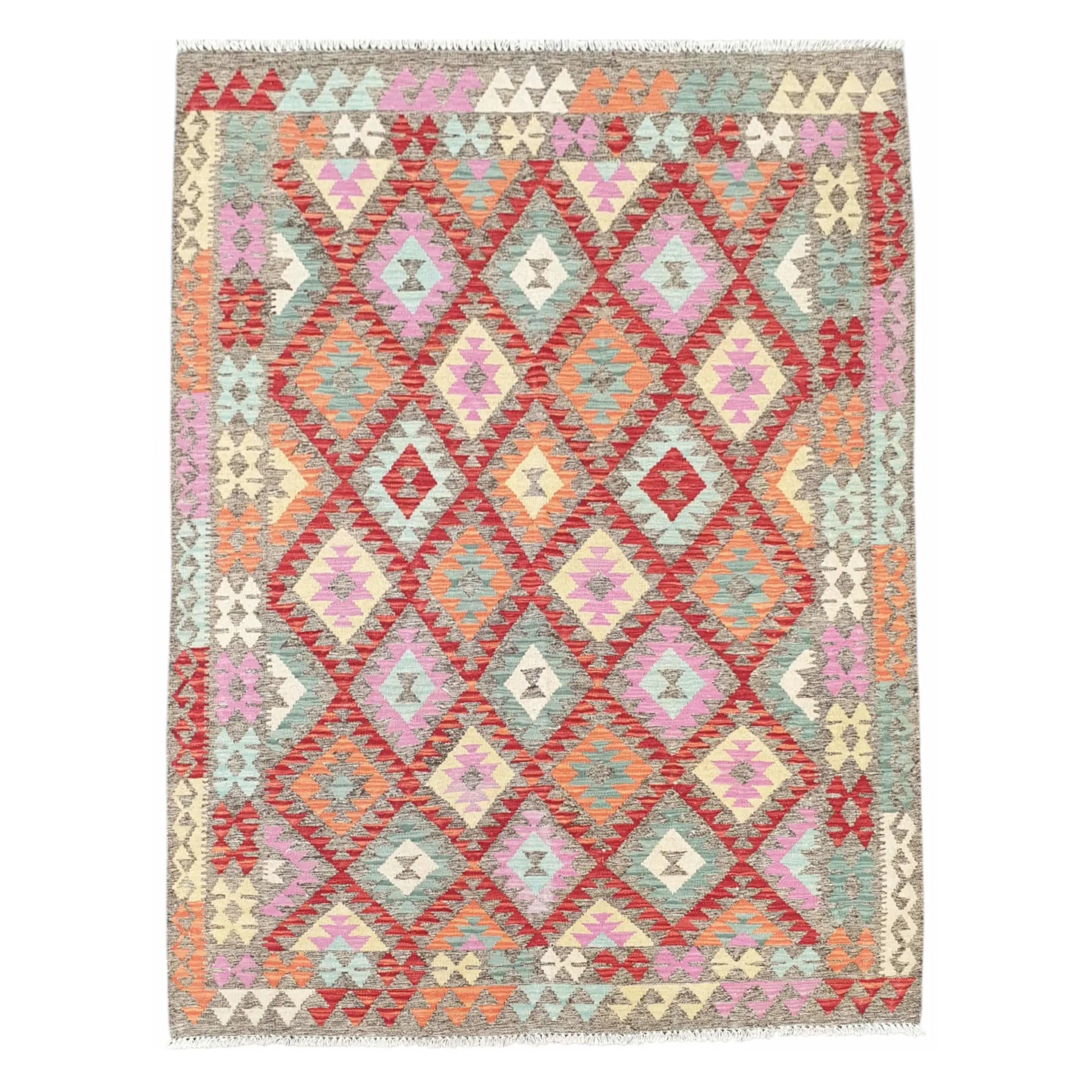 Full view of Afghan Chobi Kilim pastel diamond rug 198 x 152 cm with aqua and coral pattern