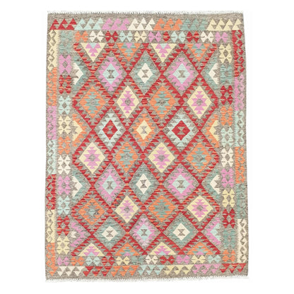 Full view of Afghan Chobi Kilim pastel diamond rug 198 x 152 cm with aqua and coral pattern
