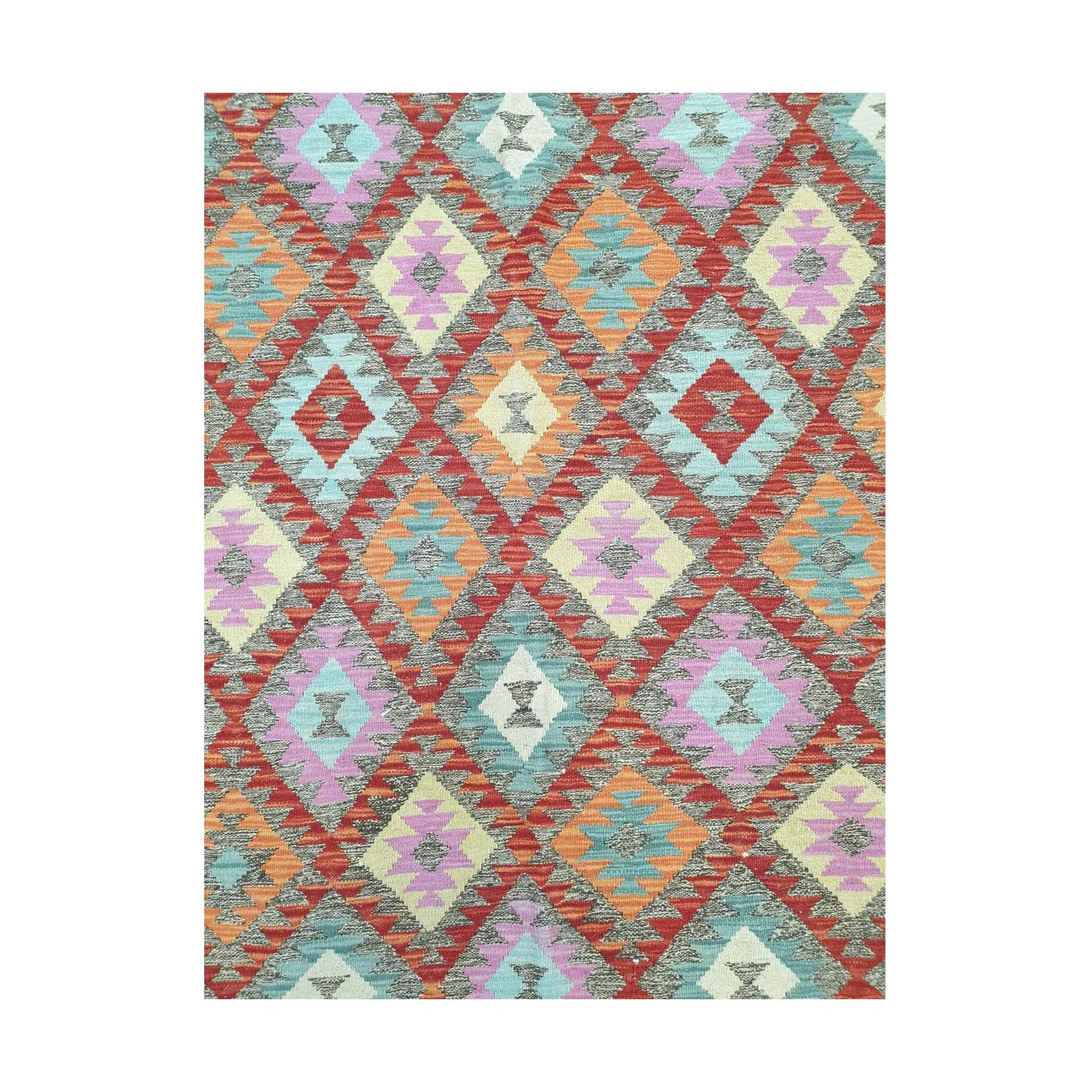 Pattern detail of Afghan Chobi Kilim pastel diamond rug showing aqua, coral and ivory motifs