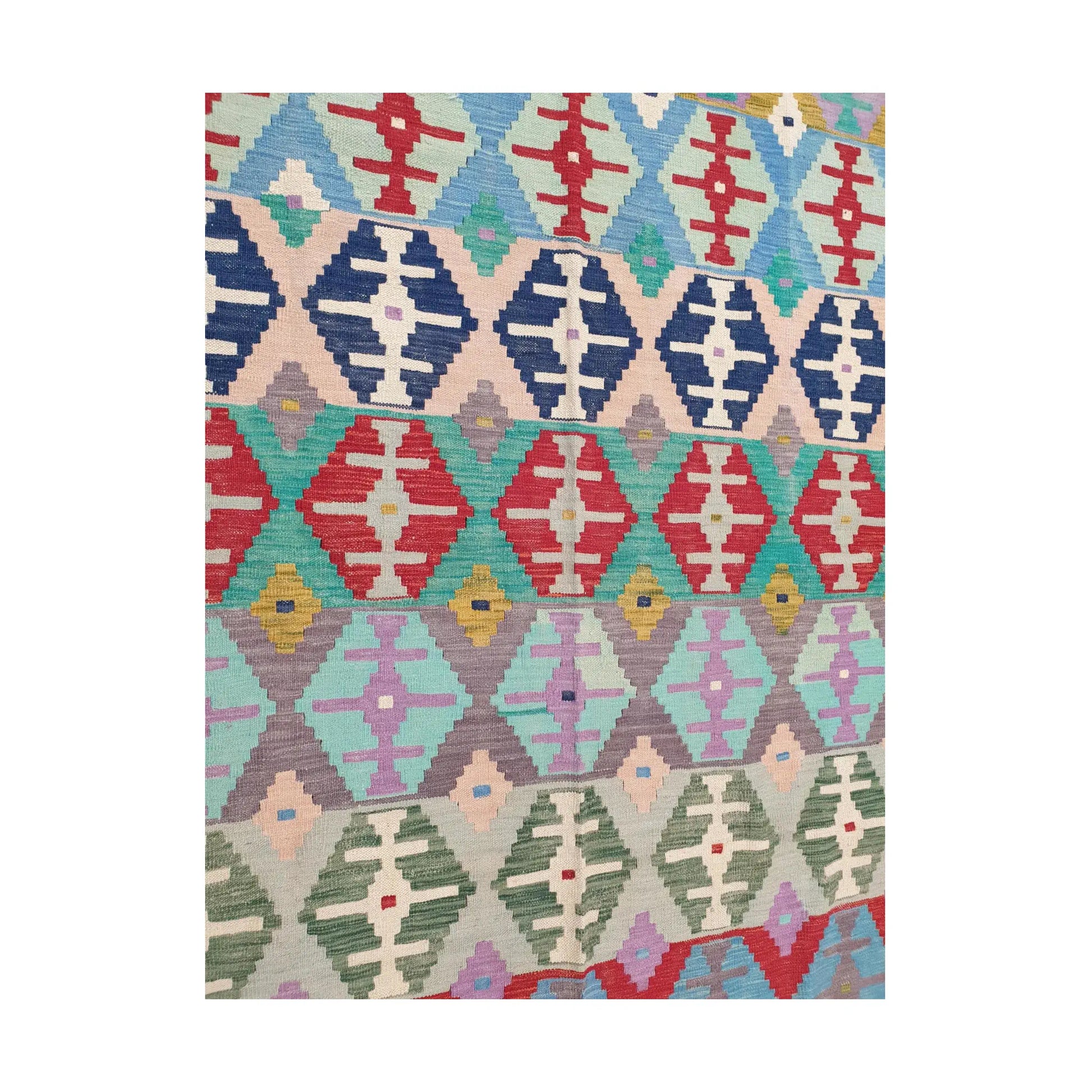 Centre detail of Afghan Chobi Kilim pastel tribal rug showing geometric flatweave pattern