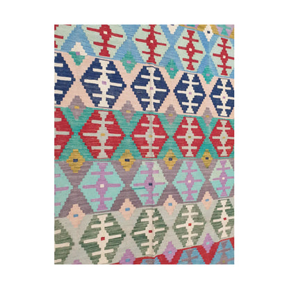 Centre detail of Afghan Chobi Kilim pastel tribal rug showing geometric flatweave pattern