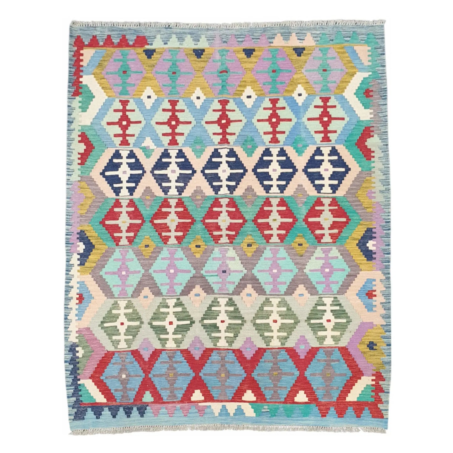 Full view of Afghan Chobi Kilim pastel tribal rug 236 x 184 cm with colourful geometric pattern