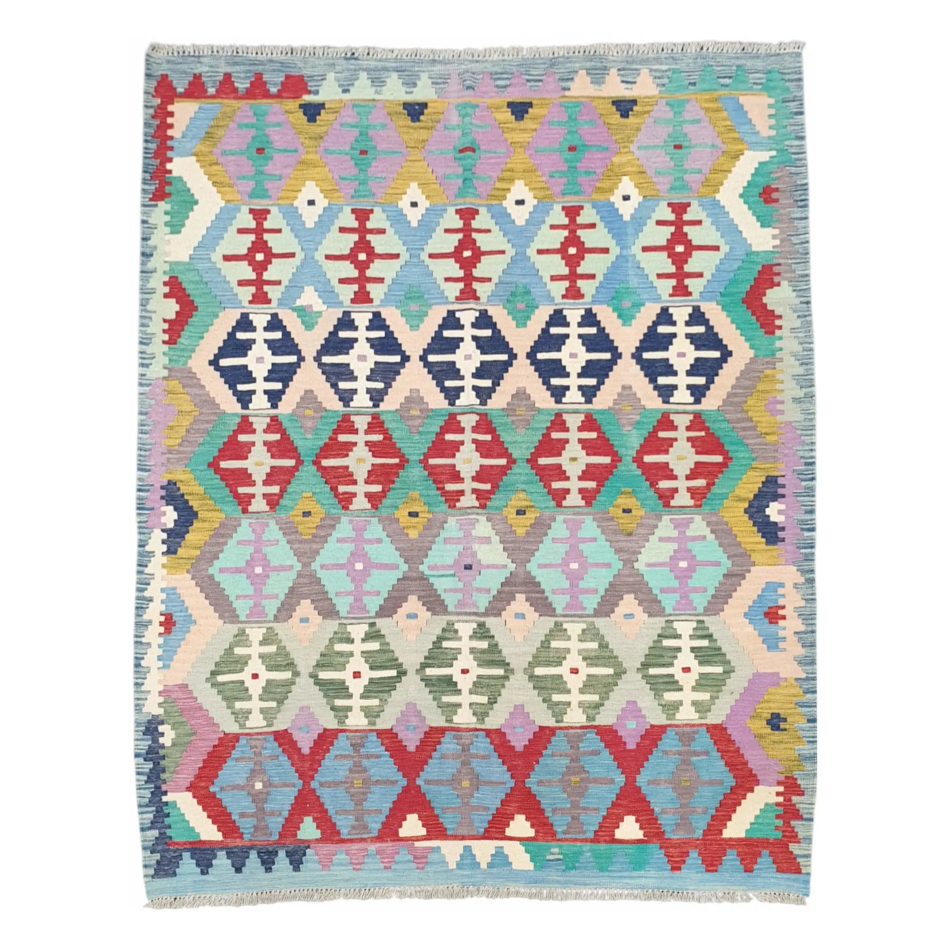 Full view of Afghan Chobi Kilim pastel tribal rug 236 x 184 cm with colourful geometric pattern