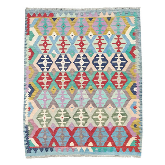 Full view of Afghan Chobi Kilim pastel tribal rug 236 x 184 cm with colourful geometric pattern