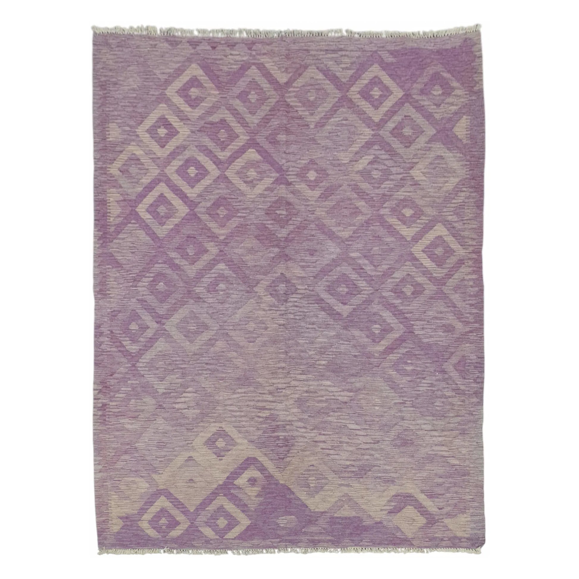 Full view of Afghan Chobi Kilim purple diamond rug 236 x 175 cm