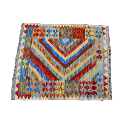 Front view of Afghan Chobi Kilim rug with blue, rust, orange, yellow and ivory geometric design