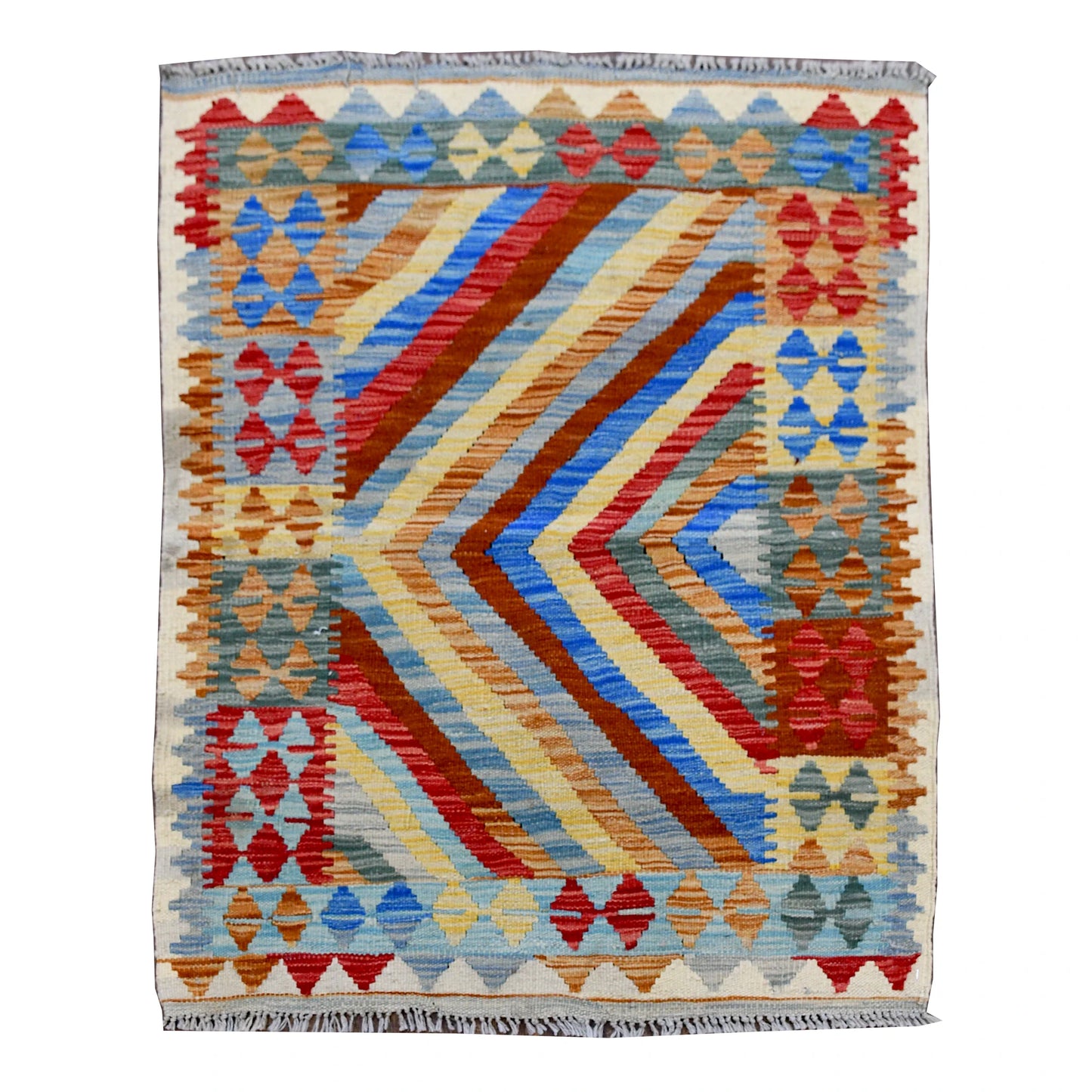 Afghan Chobi Kilim rug 103 x 86 cm full view with ivory ground and colourful chevron geometric pattern
