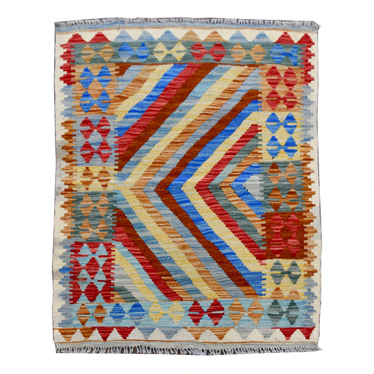 Afghan Chobi Kilim rug 103 x 86 cm full view with ivory ground and colourful chevron geometric pattern