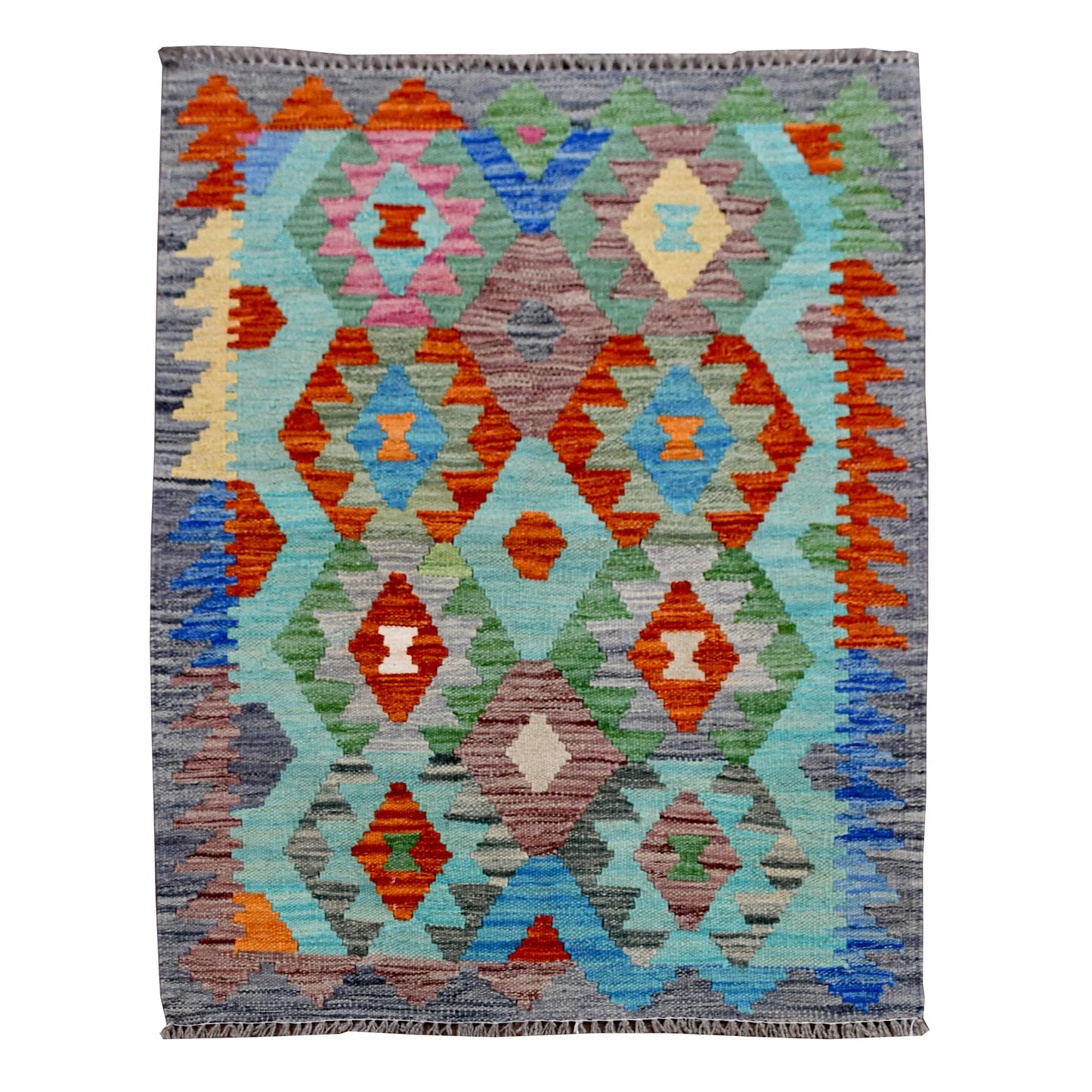 Afghan Chobi Kilim rug 112 x 82 cm full view with pale aqua field and colourful geometric diamond pattern