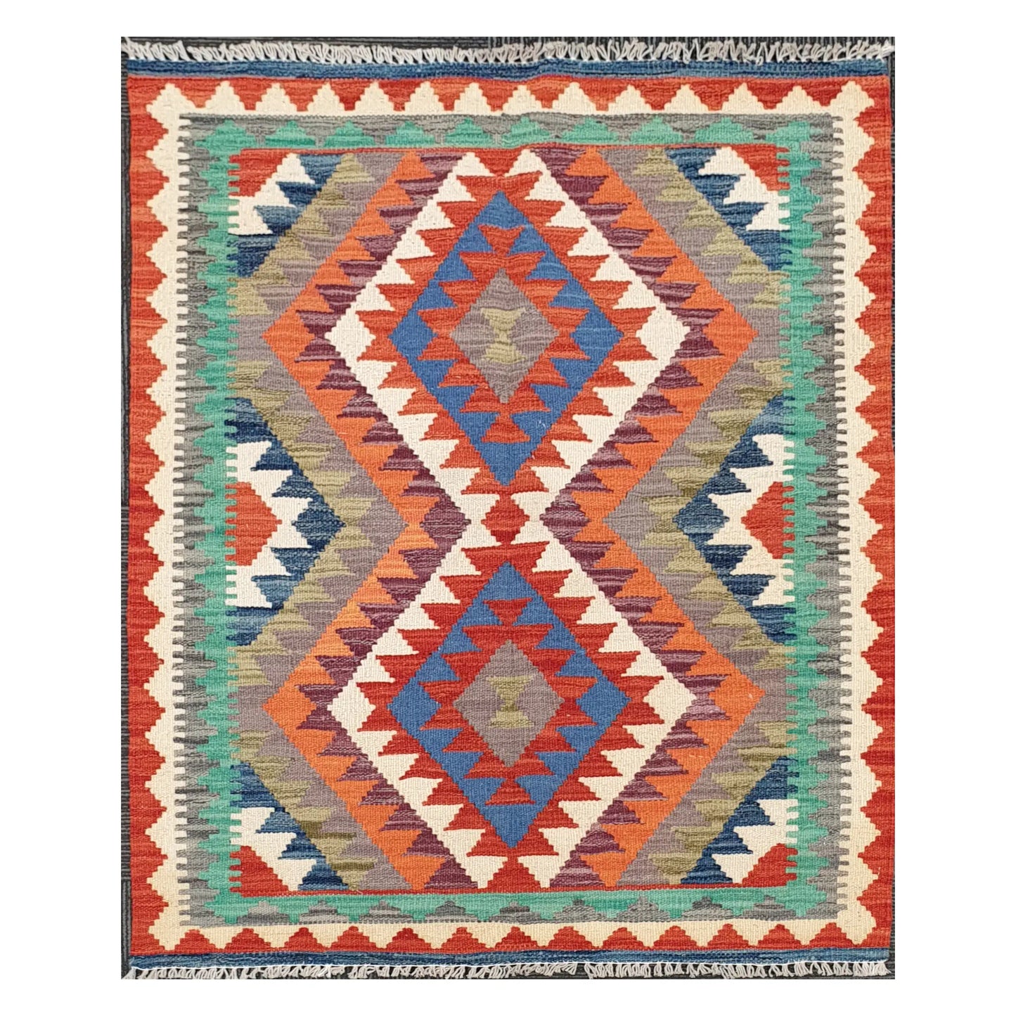 Full view of Afghan Chobi Kilim rug with twin diamond medallions and geometric border, 119 x 84 cm