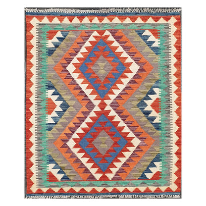 Full view of Afghan Chobi Kilim rug with twin diamond medallions and geometric border, 119 x 84 cm