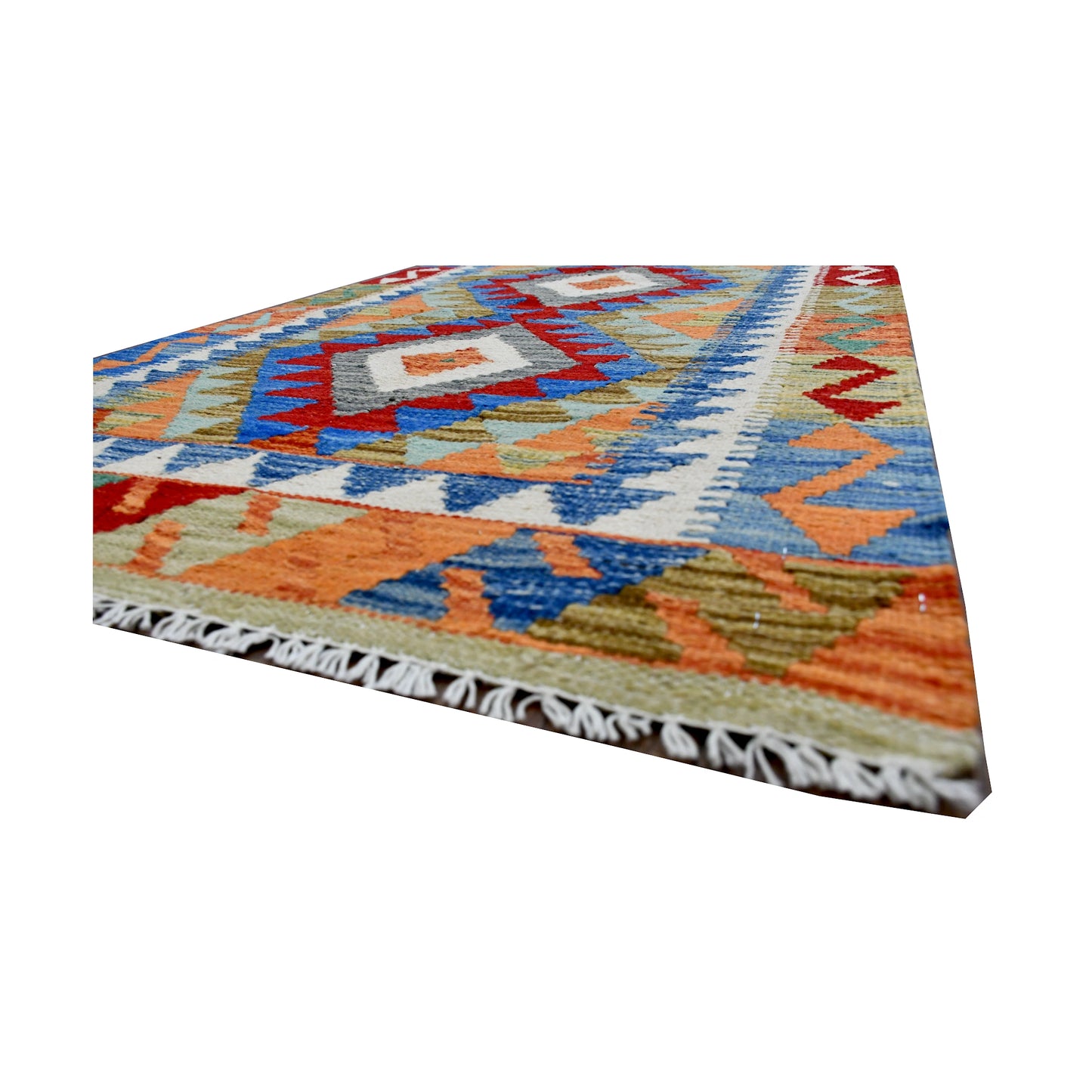 Angled fringe and edge detail of Afghan Chobi Kilim rug showing handwoven wool flatweave and colourful border