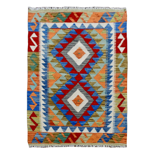 Afghan Chobi Kilim rug 120 x 76 cm full view with blue field and two geometric diamond medallions