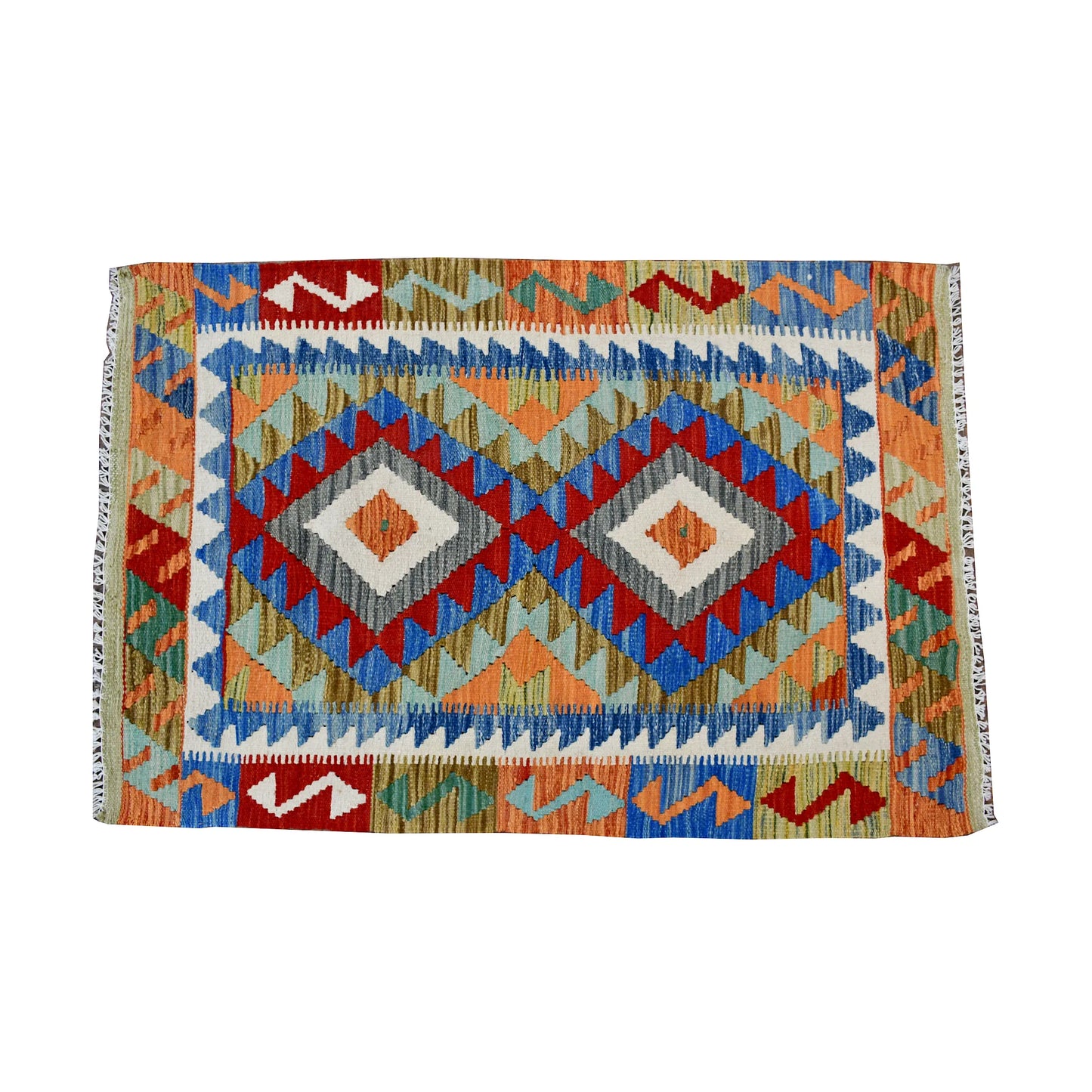 Top view of Afghan Chobi Kilim rug with blue field, rust accents and double diamond medallion pattern