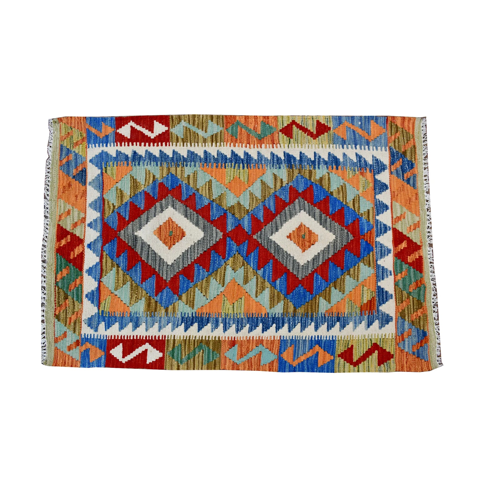 Top view of Afghan Chobi Kilim rug with blue field, rust accents and double diamond medallion pattern