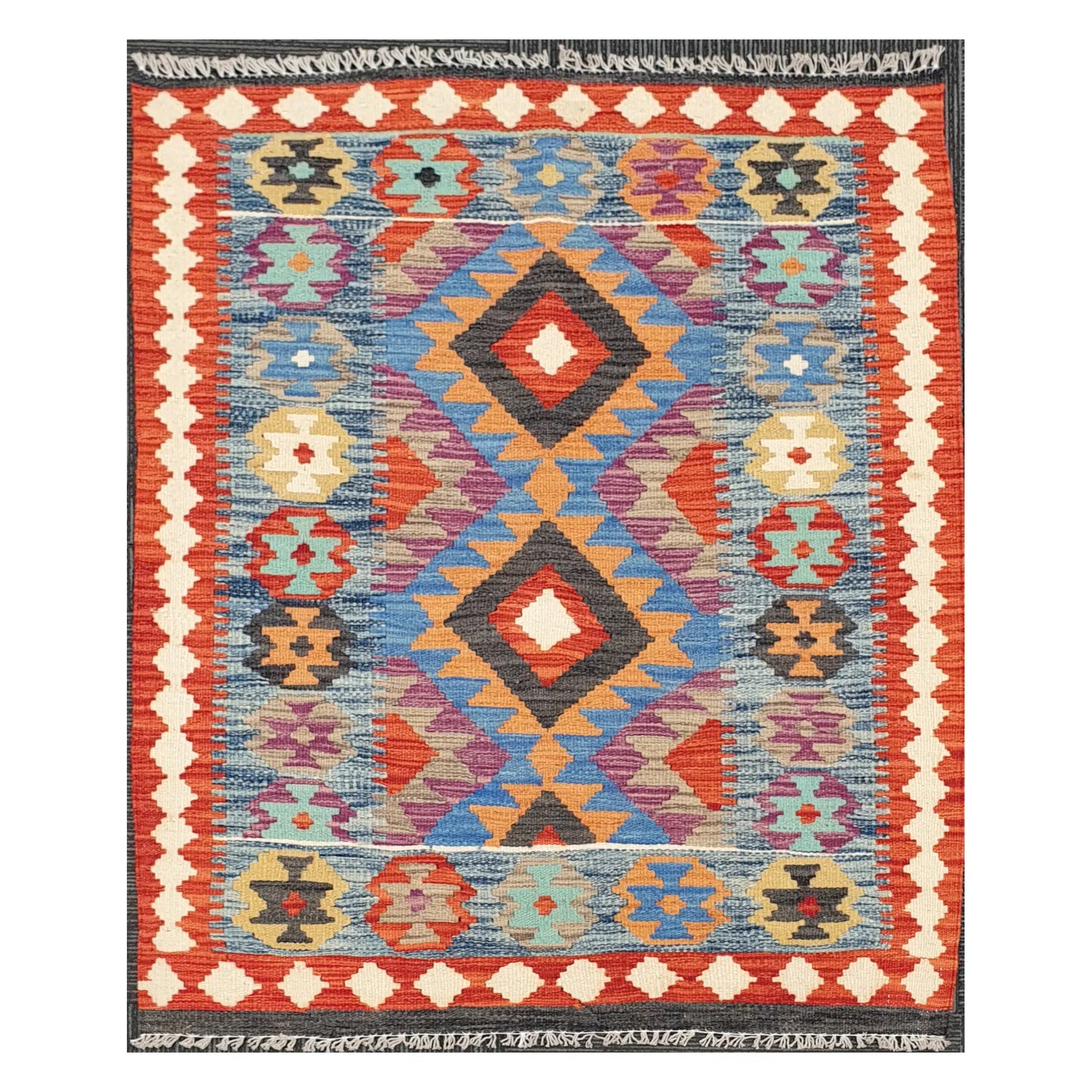 Full view of Afghan Chobi Kilim rug with sky blue field, diamond medallions, and terracotta ivory border, 123 x 90 cm