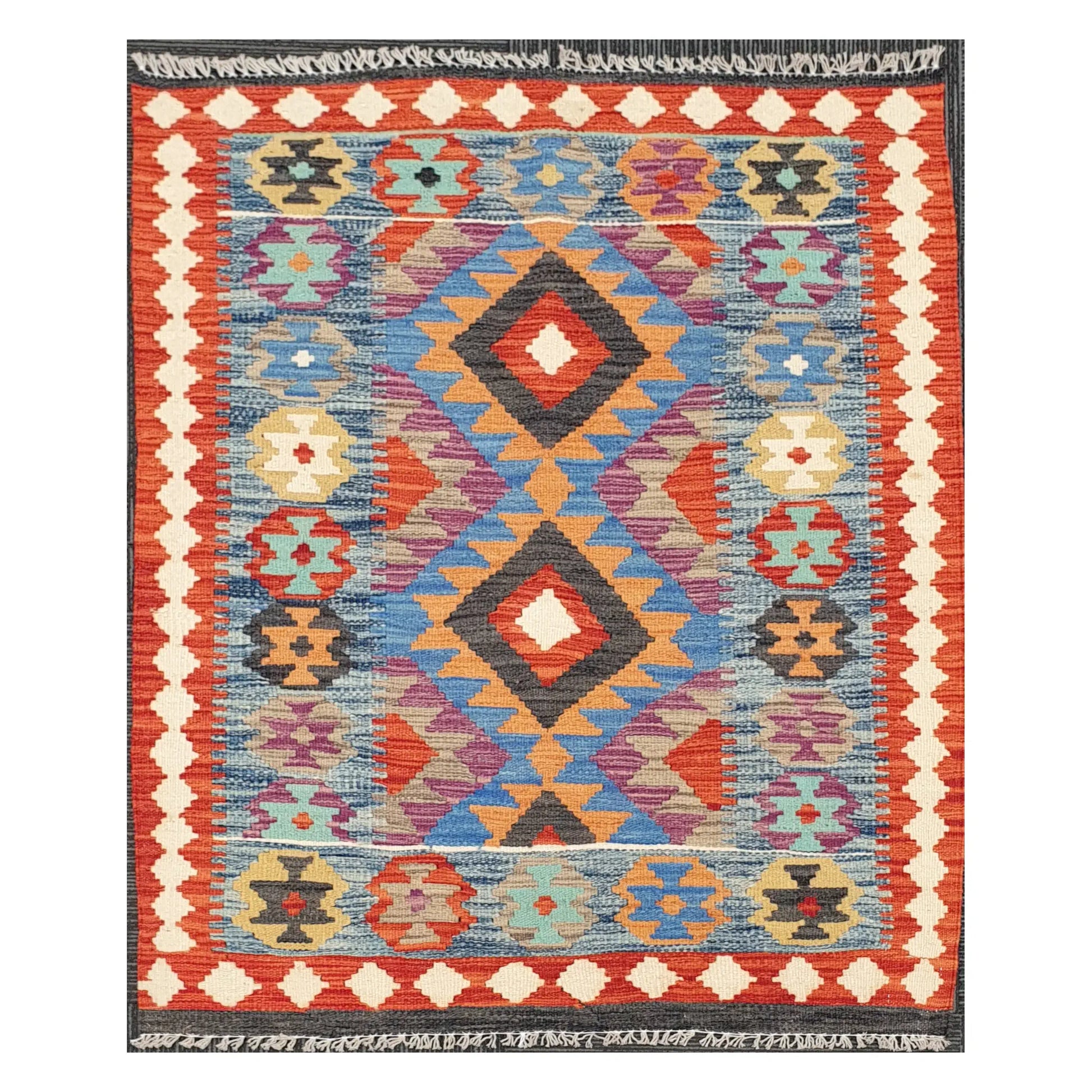 Full view of Afghan Chobi Kilim rug with sky blue field, diamond medallions, and terracotta ivory border, 123 x 90 cm