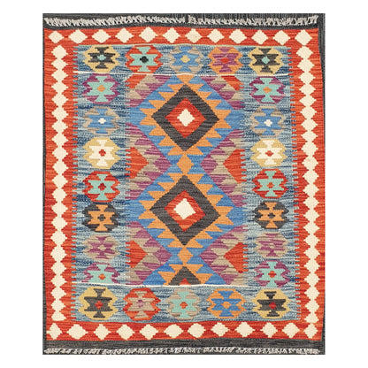 Full view of Afghan Chobi Kilim rug with sky blue field, diamond medallions, and terracotta ivory border, 123 x 90 cm