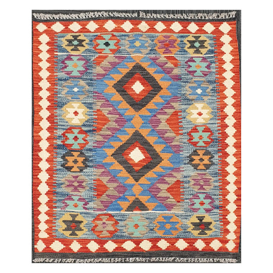 Full view of Afghan Chobi Kilim rug with sky blue field, diamond medallions, and terracotta ivory border, 123 x 90 cm