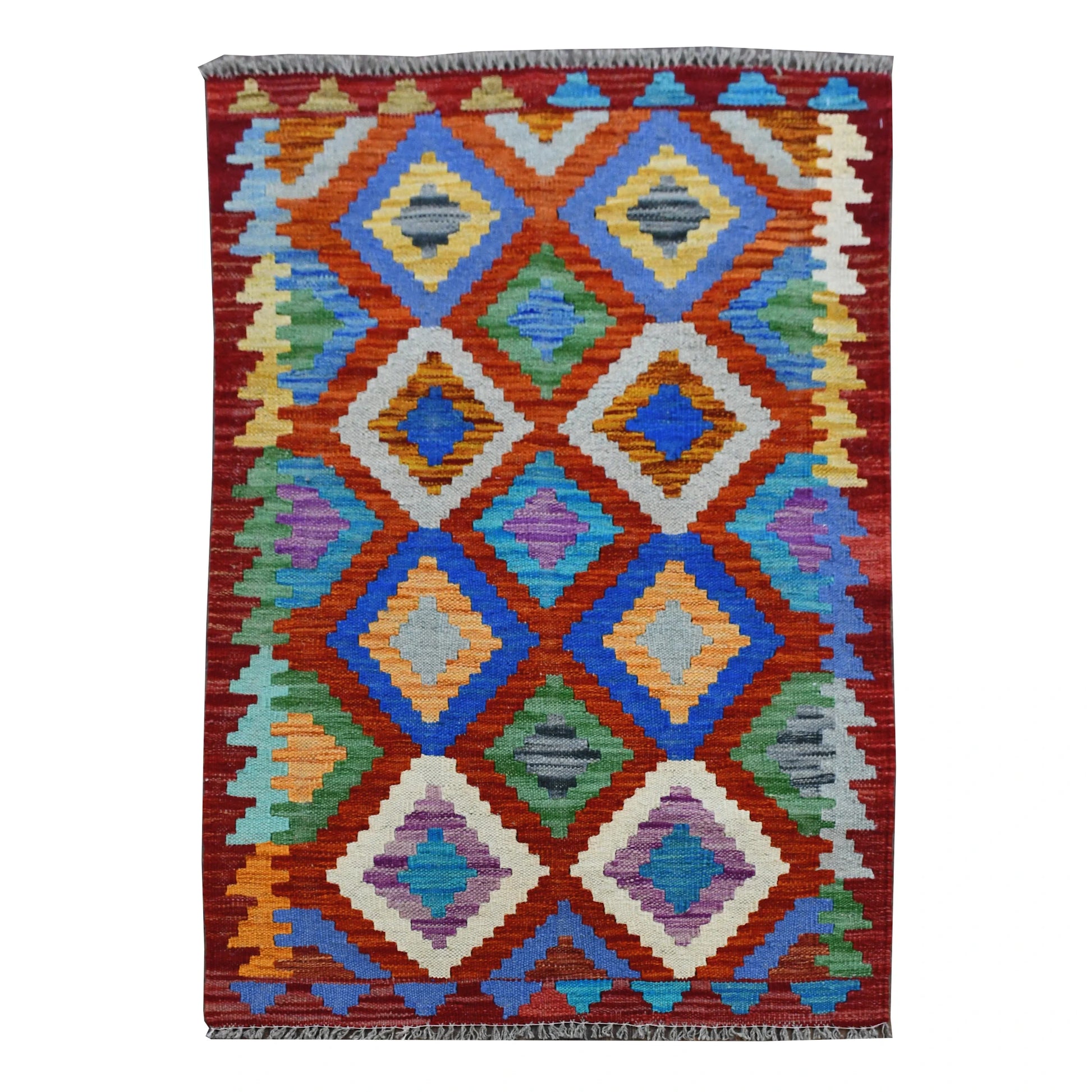 Afghan Chobi Kilim rug 124 x 81 cm full view with burgundy-red field and colourful diamond pattern